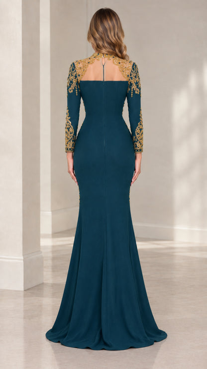 Back view of teal formal evening gown featuring sheer mesh yoke and gold crystal embellishments