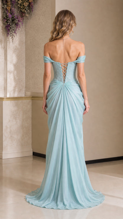 Back view of sky blue evening dress highlighting the lace-up corset back