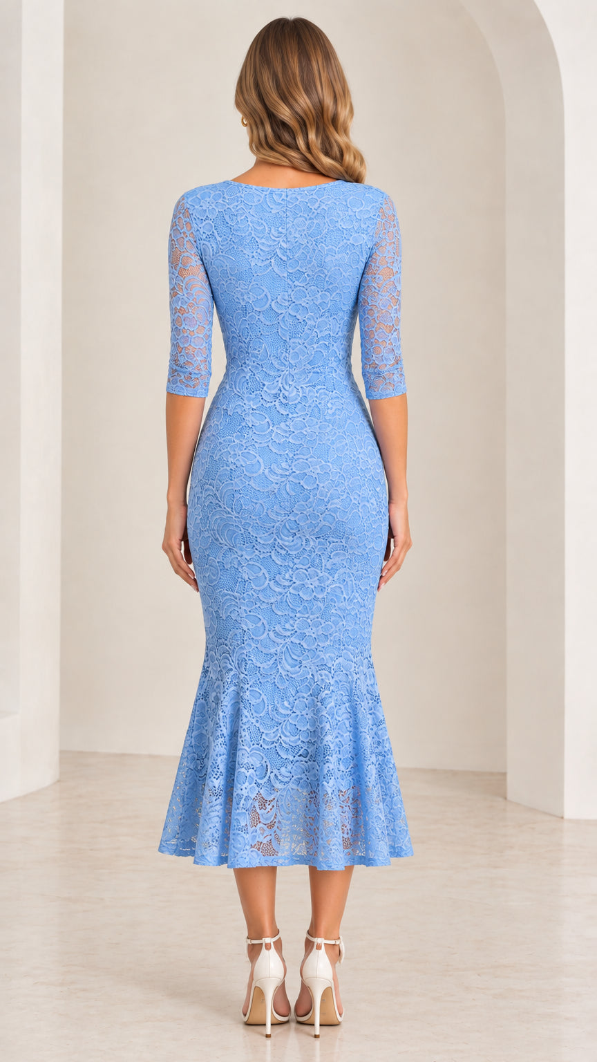Light blue floral lace mermaid dress back view