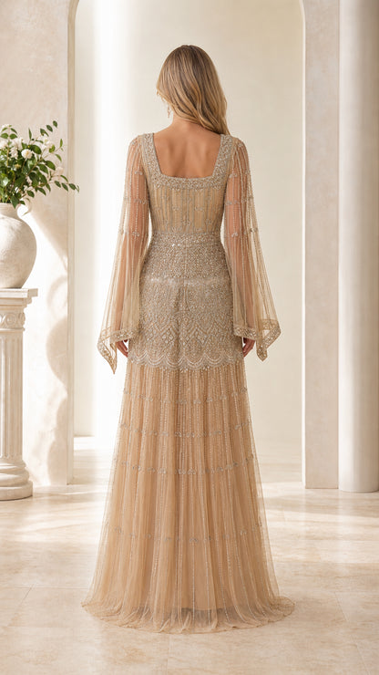 Back view of model in Champagne square neck beaded evening gown