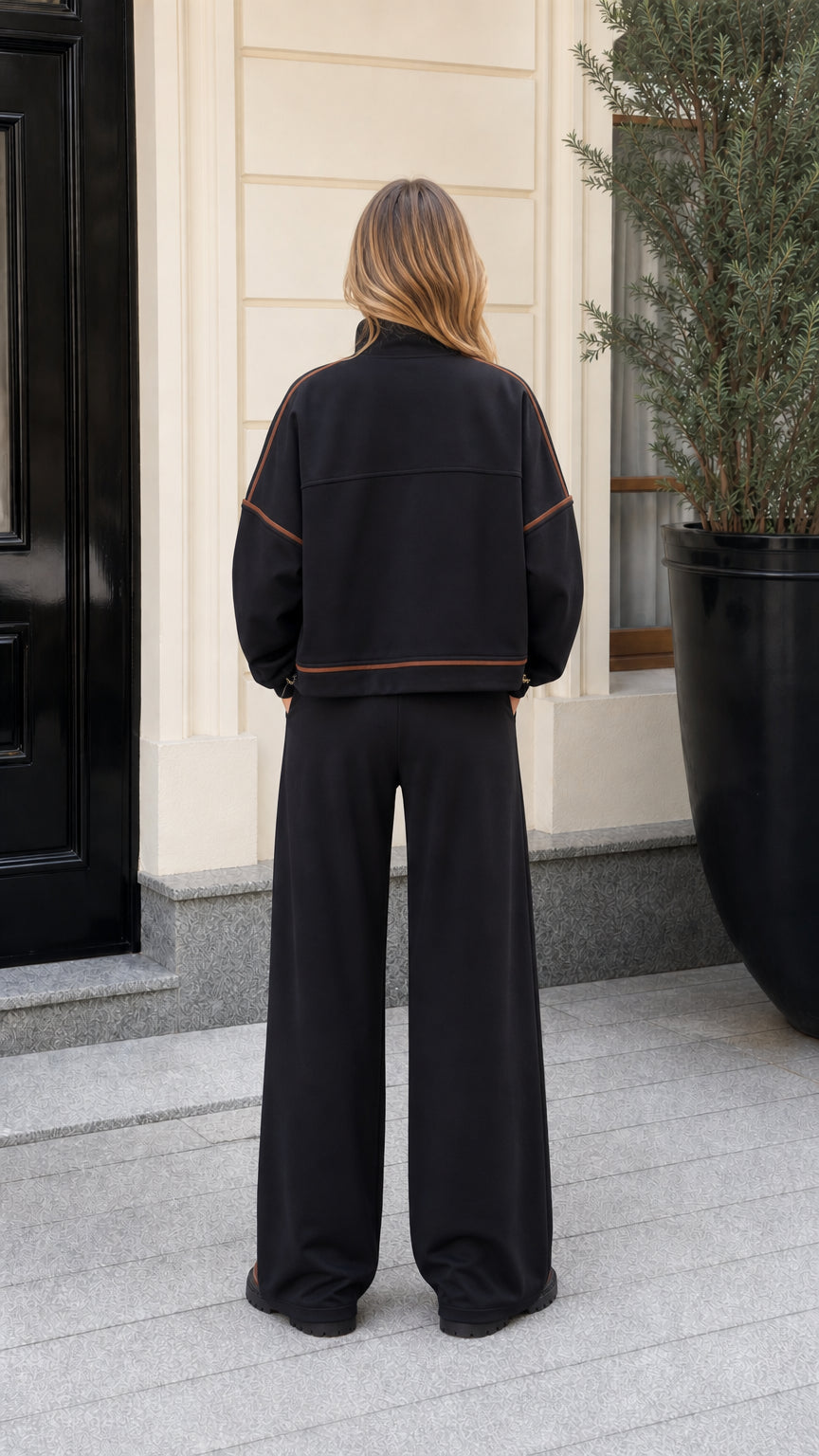 Back view of model showing contrast seam details on black zip jacket and wide-leg trousers
