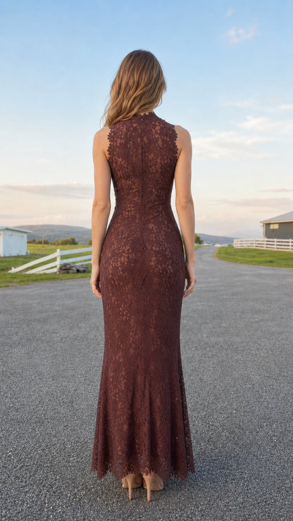 Back view of model showing sleek silhouette in burgundy lace maxi dress