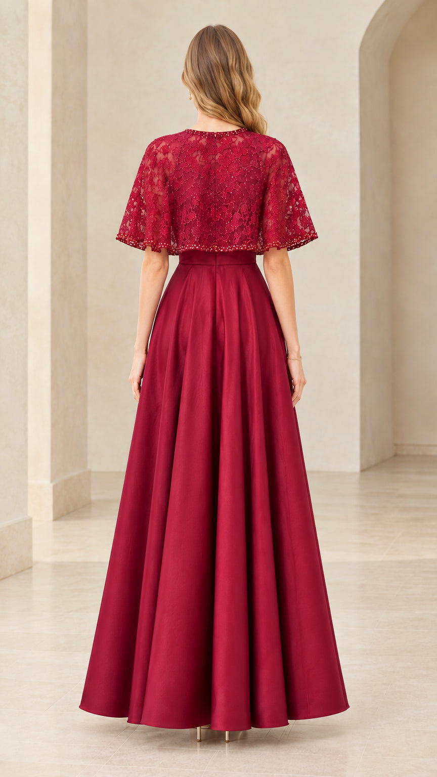 Burgundy floor-length evening dress with lace cape back view