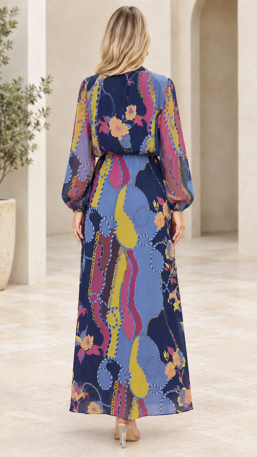 Back view of Navy Blue printed flowy maxi dress