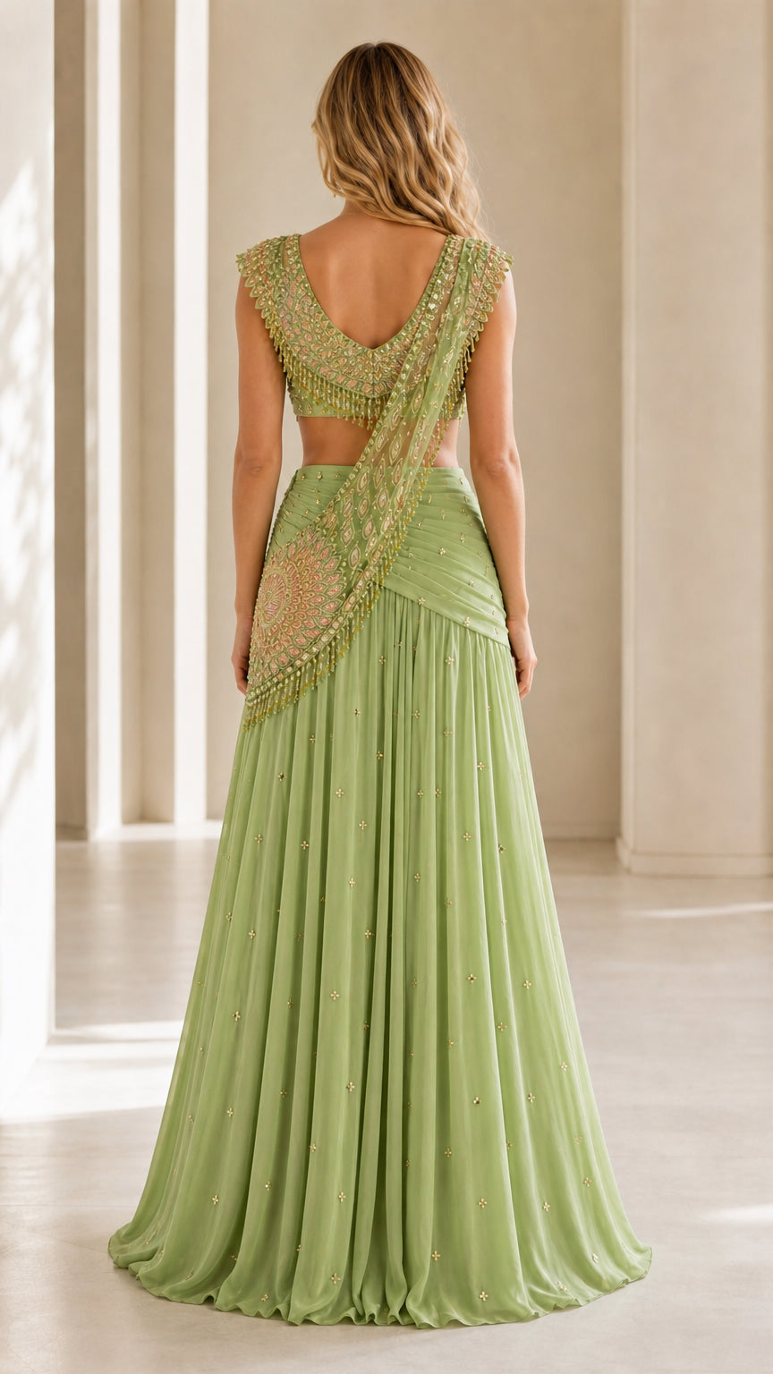 Back view of Sage Green V-back embellished maxi evening dress
