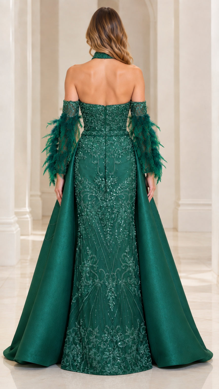 Back view of Emerald Green evening gown showing open back design and flowing satin train