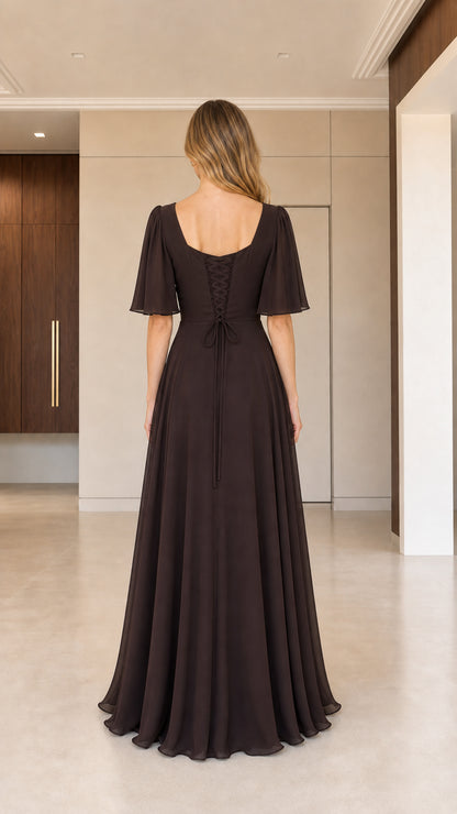 Back view of chocolate brown bridesmaid dress highlighting lace-up tie closure