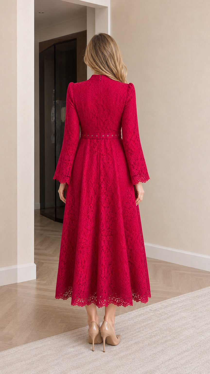 Back view of woman wearing elegant red lace A-line maxi dress
