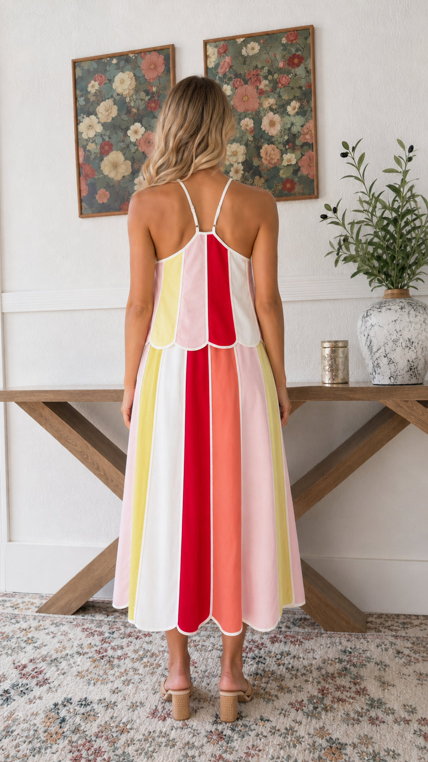 Back view of woman wearing Rainbow Multi halter dress with open back detail