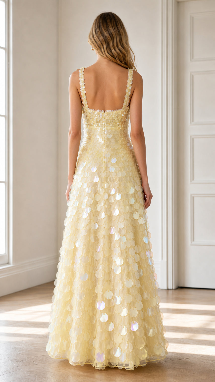 Back view of pale yellow square back sequin evening gown