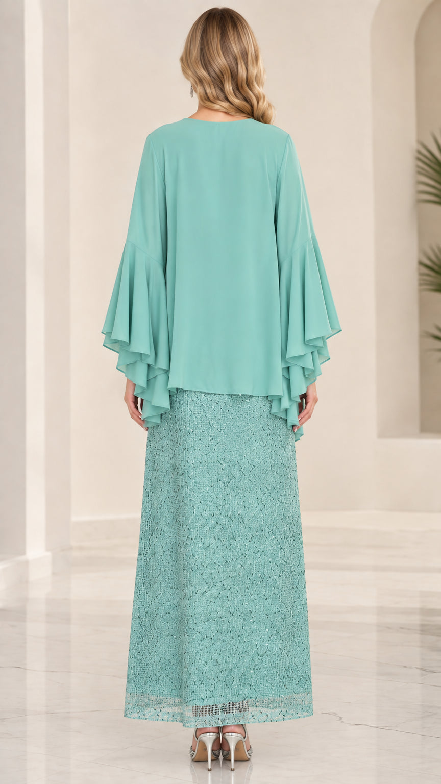 Back view of sage green formal dress and chiffon capelet jacket