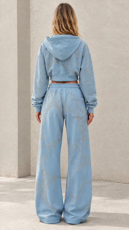 Back view of Light Blue hooded cropped sweatshirt and wide leg lounge pants