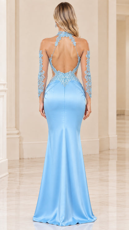 Back view of model showing open back detail of light blue satin evening dress