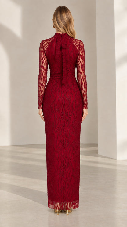 Burgundy column maxi dress back view showing zipper and slit