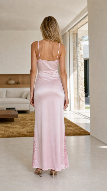 Back view of model wearing Light Pink Embroidered Satin Maxi Slip Dress