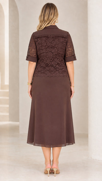 Chocolate Brown lace overlay jacket and midi dress back view