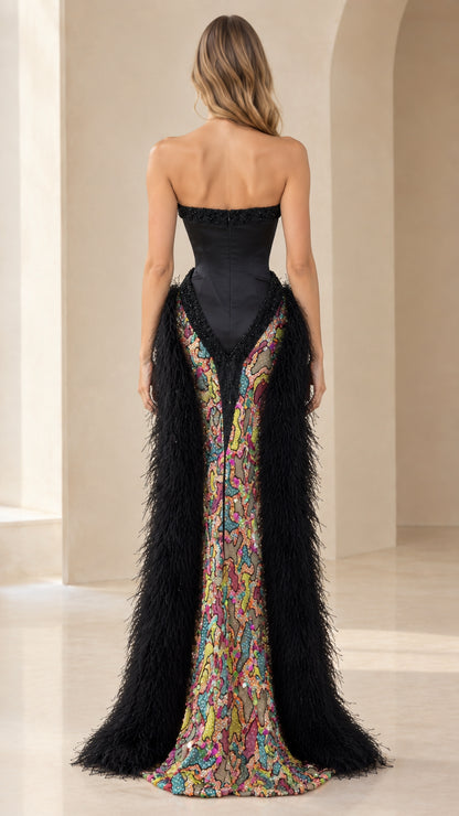 Back view of black strapless basque waist evening gown with sequin skirt and feather wrap