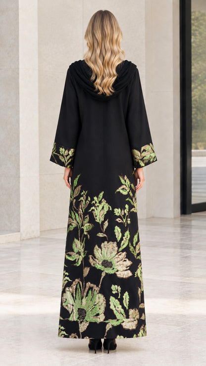 Back view of model showing full-length drape of Black floral abaya