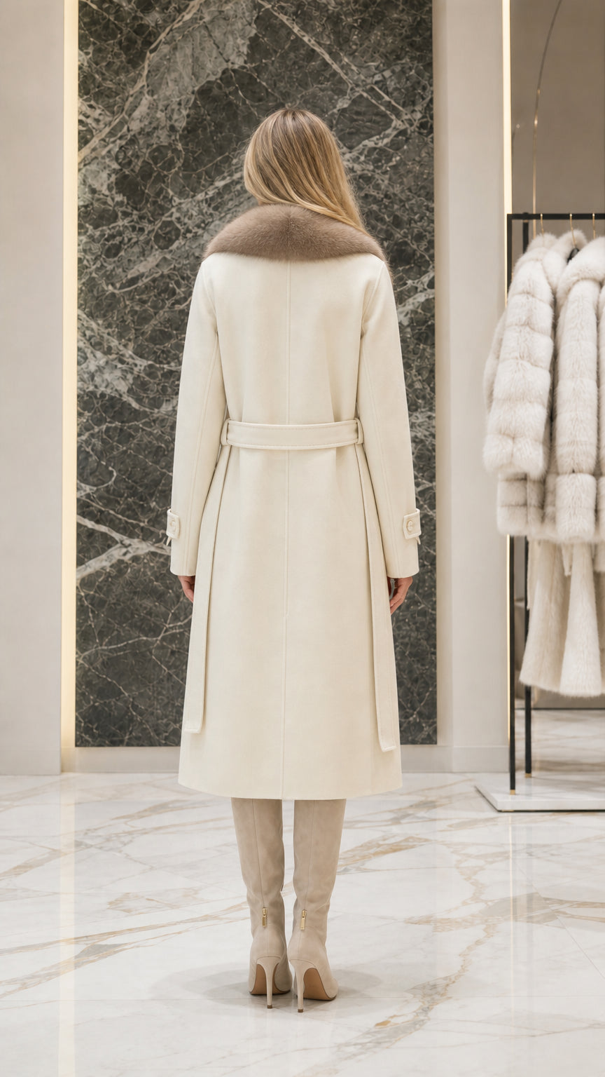 Back view of ivory longline coat showing tailored back seam and tie belt