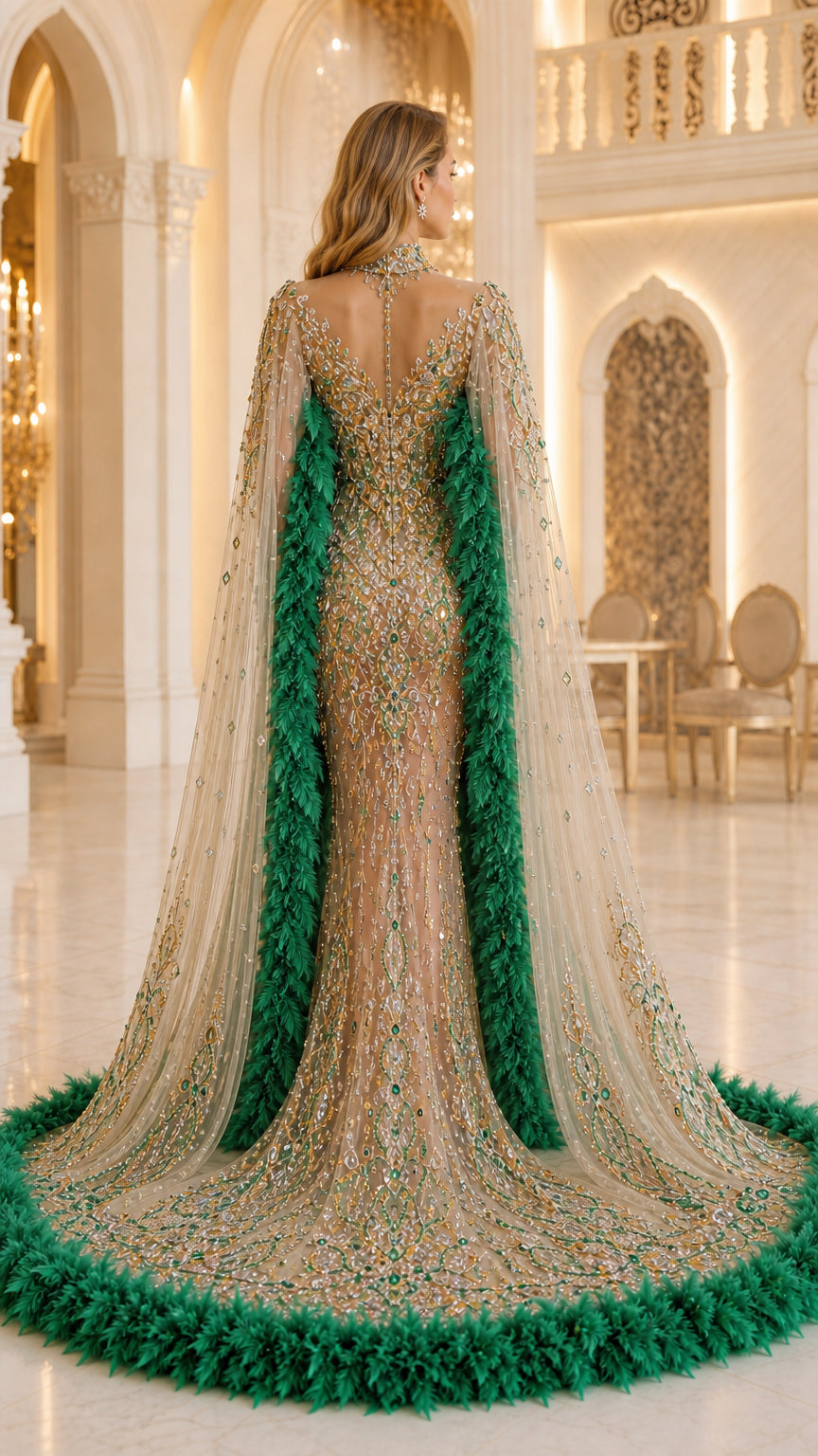 Back view of champagne formal gown showing intricate beadwork and trailing feathered cape