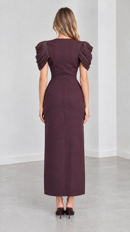 Back view of Plum fitted column maxi dress with pleated cap sleeves
