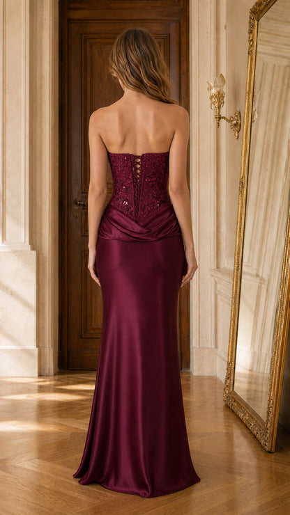 Burgundy satin corset dress rear view showing lace-up back closure