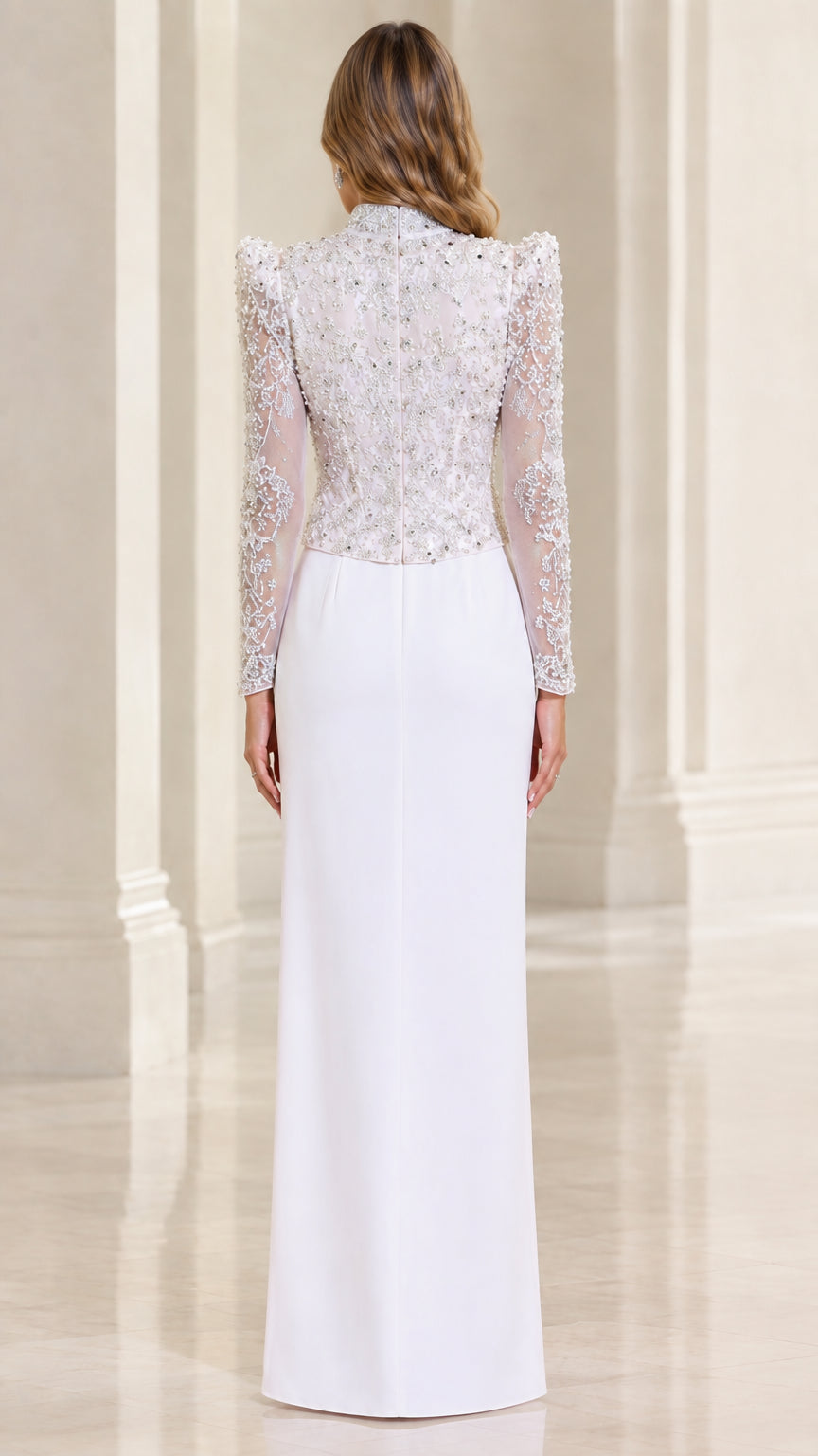 Back view of white formal evening dress with lace jacket