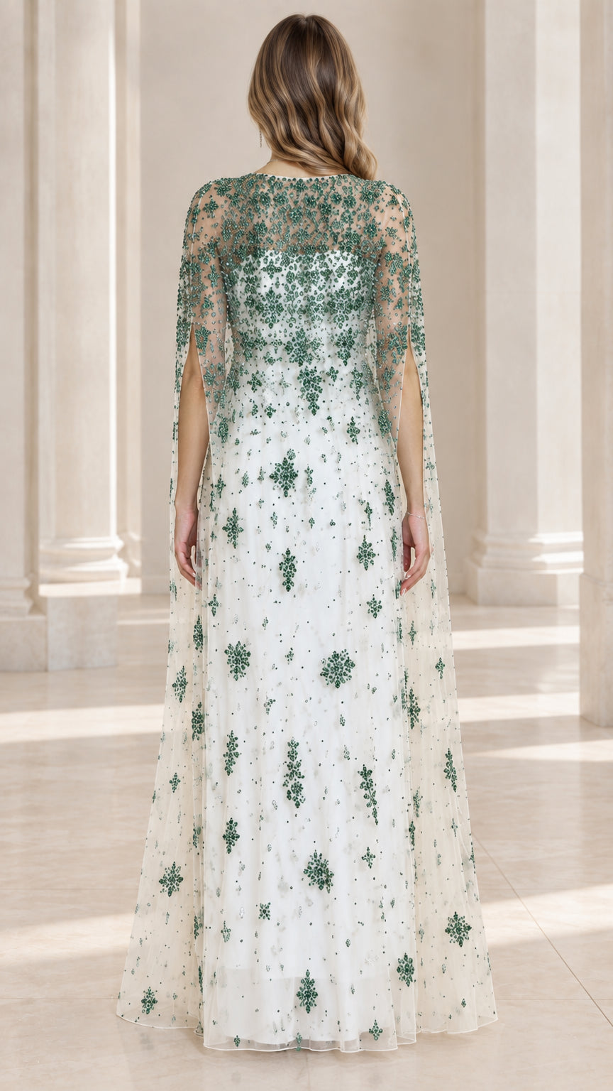 White sequin embroidered cape evening gown back view