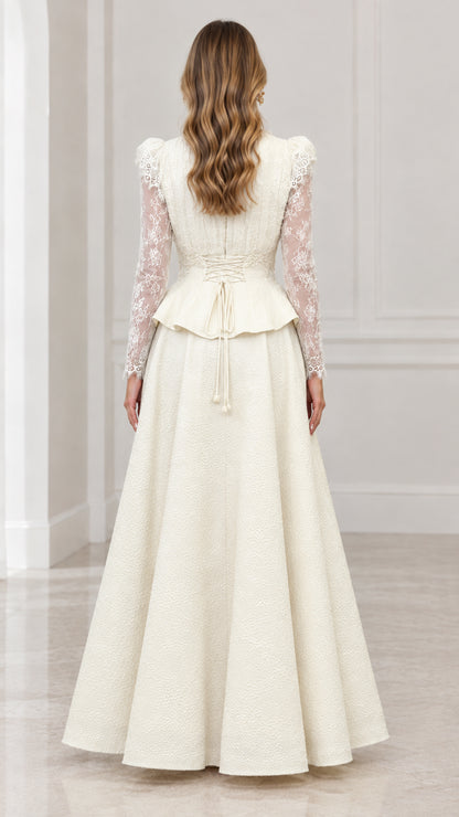 Back view of ivory peplum evening dress with waist tie detail