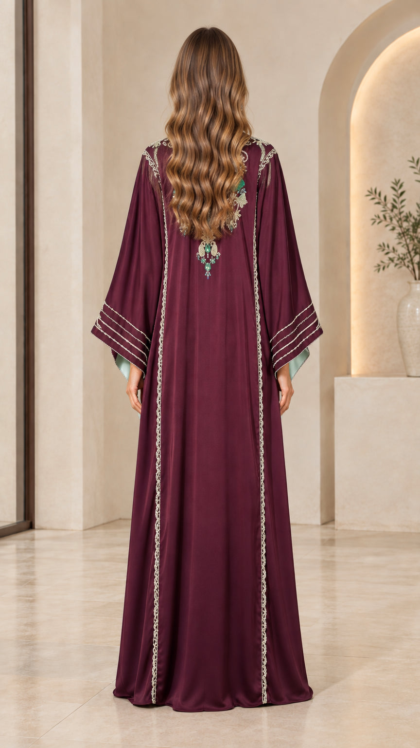 Back full-length view of burgundy kaftan gown with subtle back embroidery