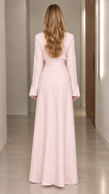 Back full view of Blush Pink long sleeve maxi dress with defined waistline
