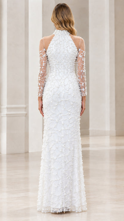White floor-length evening dress back view with zipper