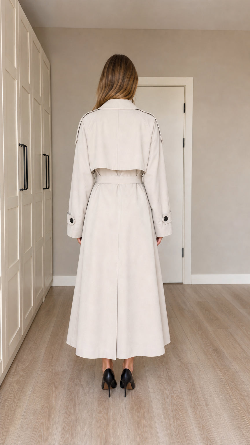 Back full-length view of woman wearing Cream double-breasted maxi trench coat showing storm flap