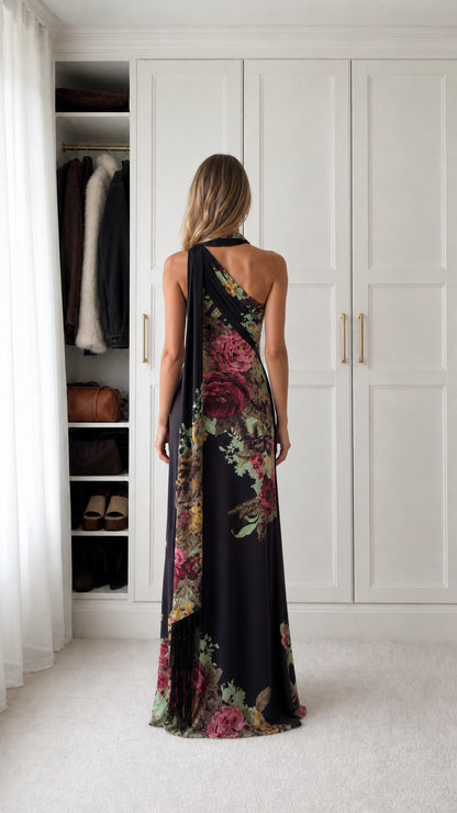 Black floral halter maxi dress back view highlighting draped scarf sash