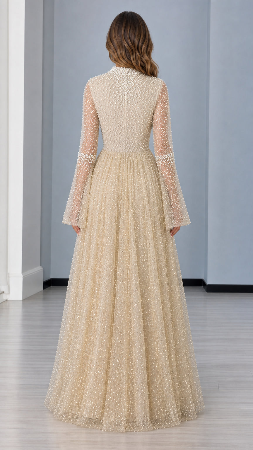 Back view of champagne pearl-beaded floor length formal gown