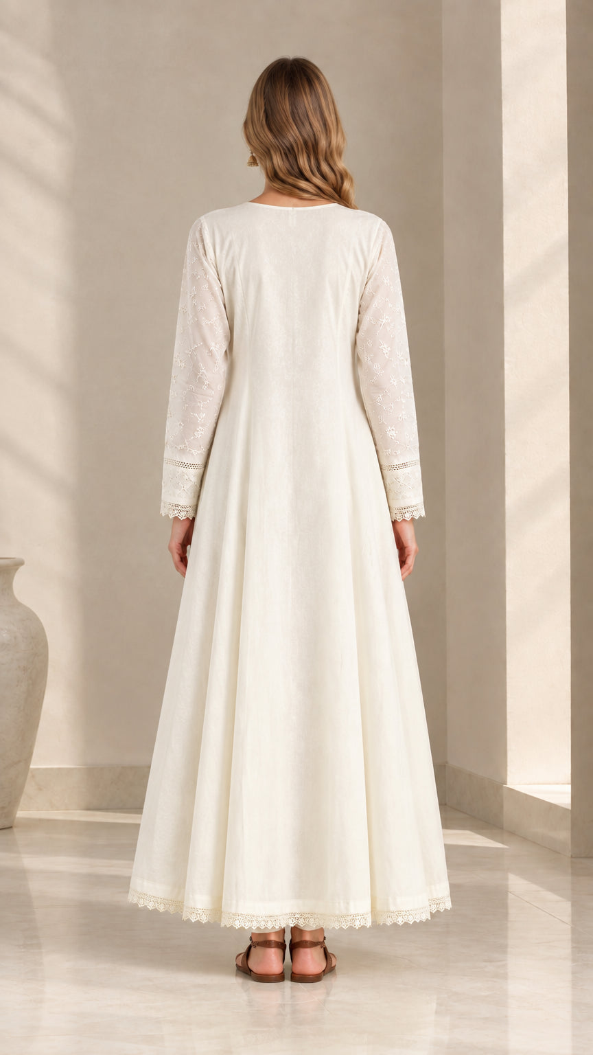 Off-white long sleeve flared maxi dress back view
