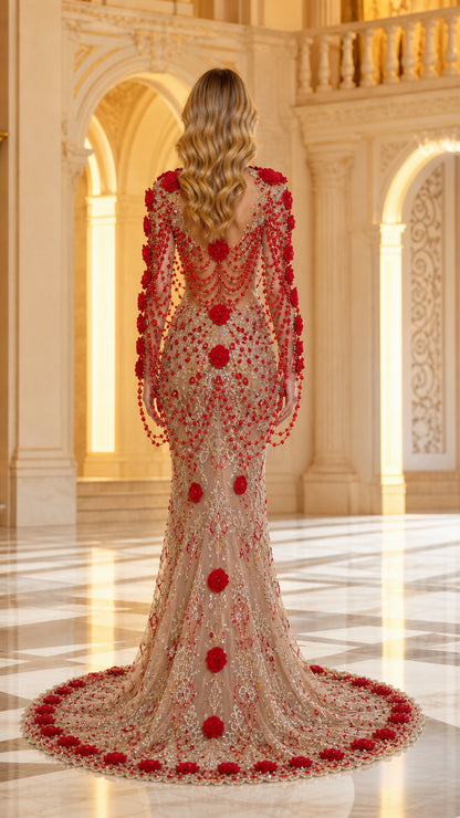 Back view of model in Champagne mermaid gown highlighting the circular embroidered train
