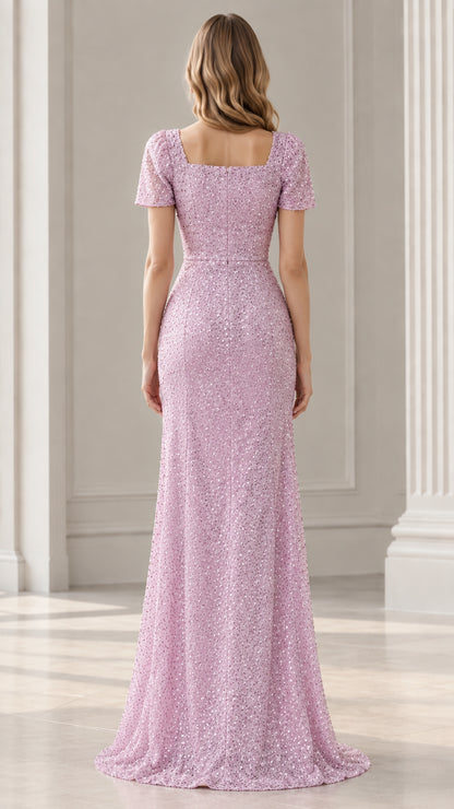 Back view of woman wearing Lilac square neck sequin evening gown