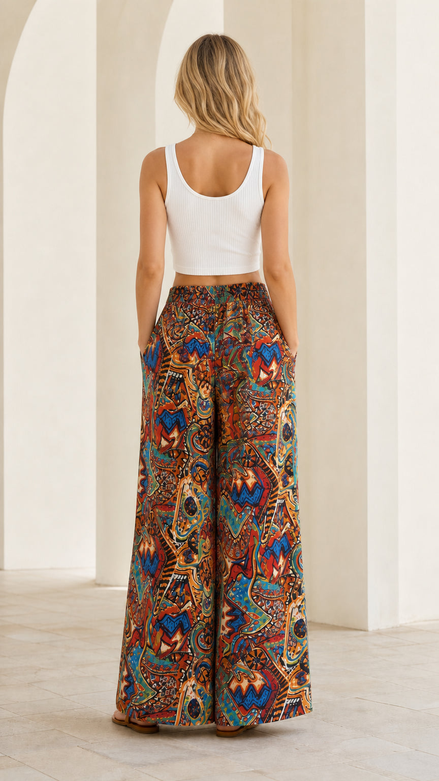 Back view of woman wearing rust multi printed wide leg pants