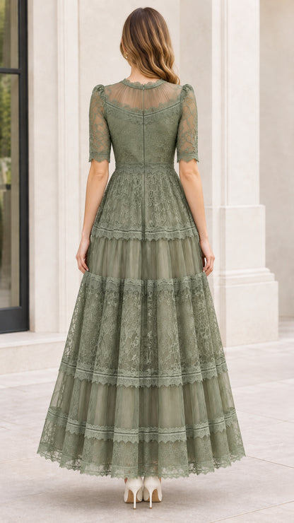 Back view of sage green illusion lace maxi dress showing concealed zipper