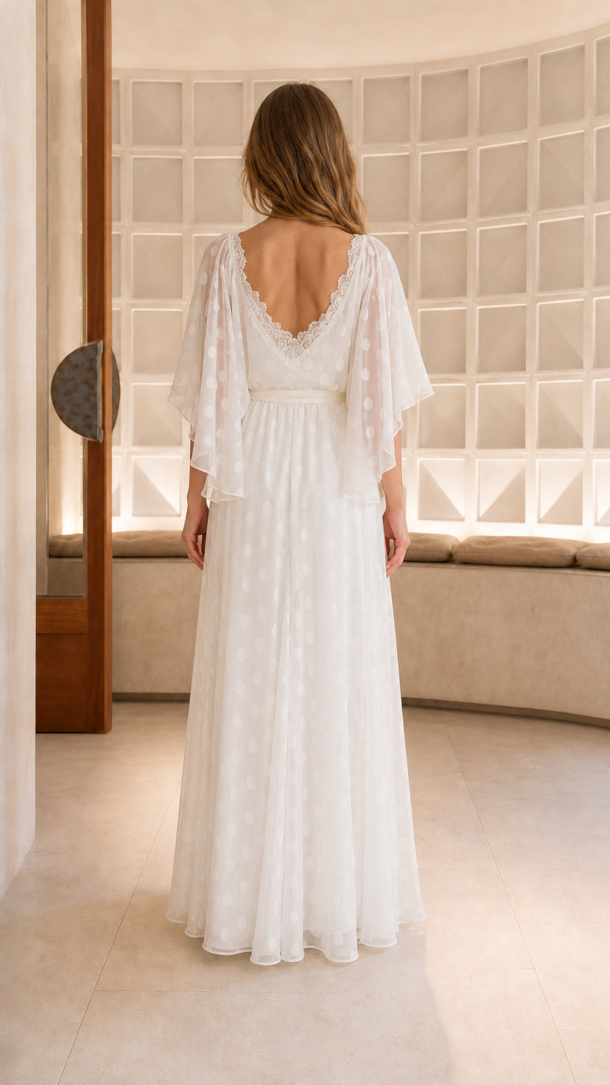 Back view of white maxi dress showing low V-back and delicate lace trim