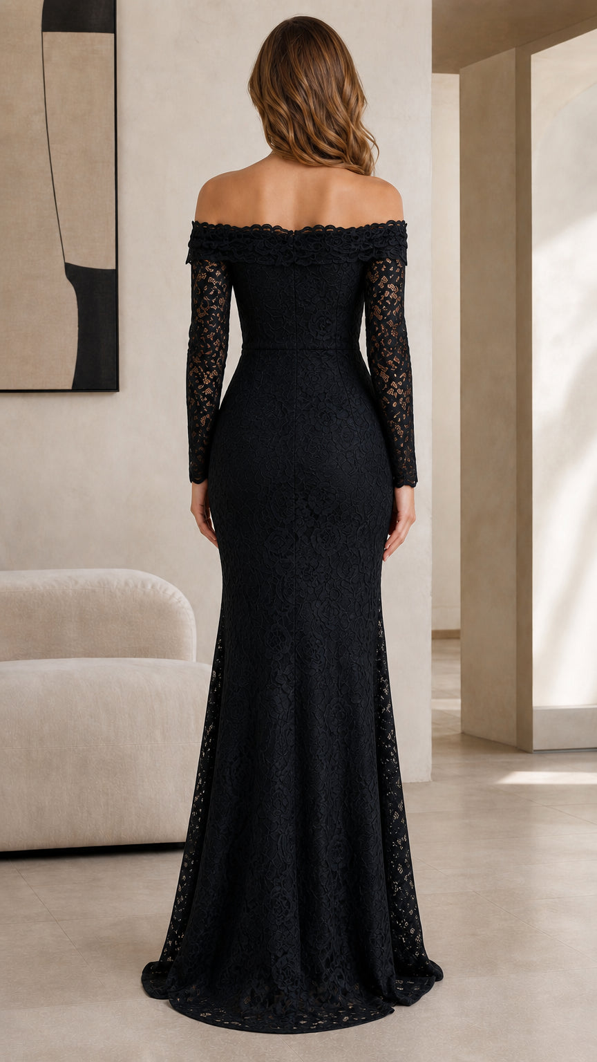 Back view of black off-the-shoulder lace maxi formal gown
