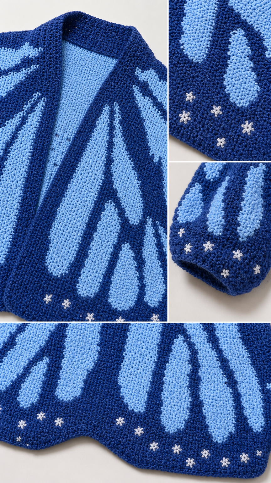 Detailed close-up shot of chunky knit texture and floral embroidery accents