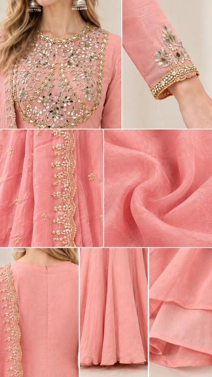 Close-up details of intricate embroidery on neckline, cuffs, fabric texture, and dupatta trim