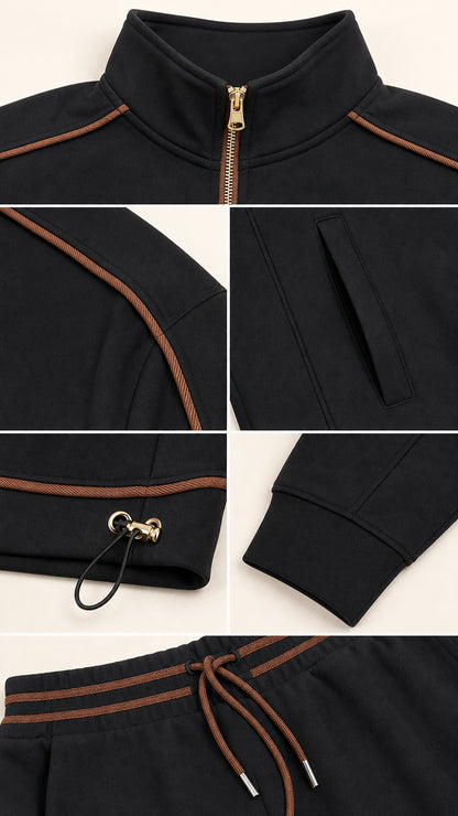 Close-up details of black tracksuit showing gold zipper, contrast piping, toggle hem, and drawstring waistband