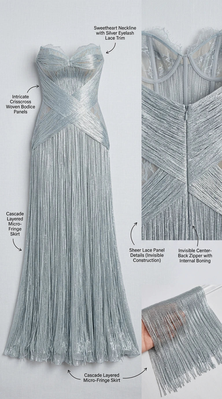 Detailed product graphic illustrating sweetheart neckline, lace trim, boned bodice, and fringe skirt