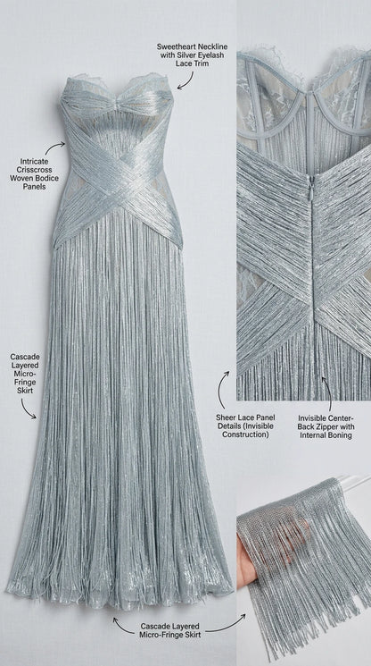 Detailed product graphic illustrating sweetheart neckline, lace trim, boned bodice, and fringe skirt