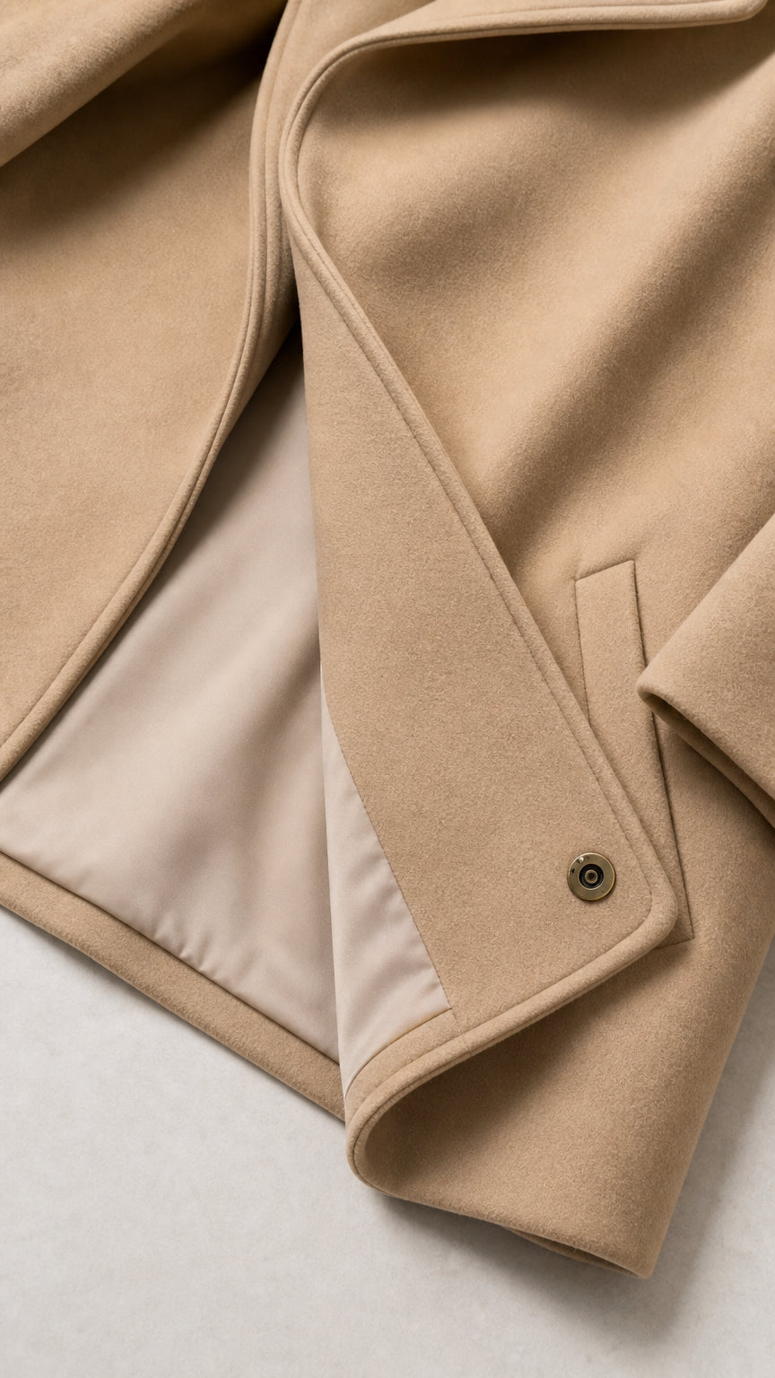 Close-up detail of interior lining and snap button closure on camel coat