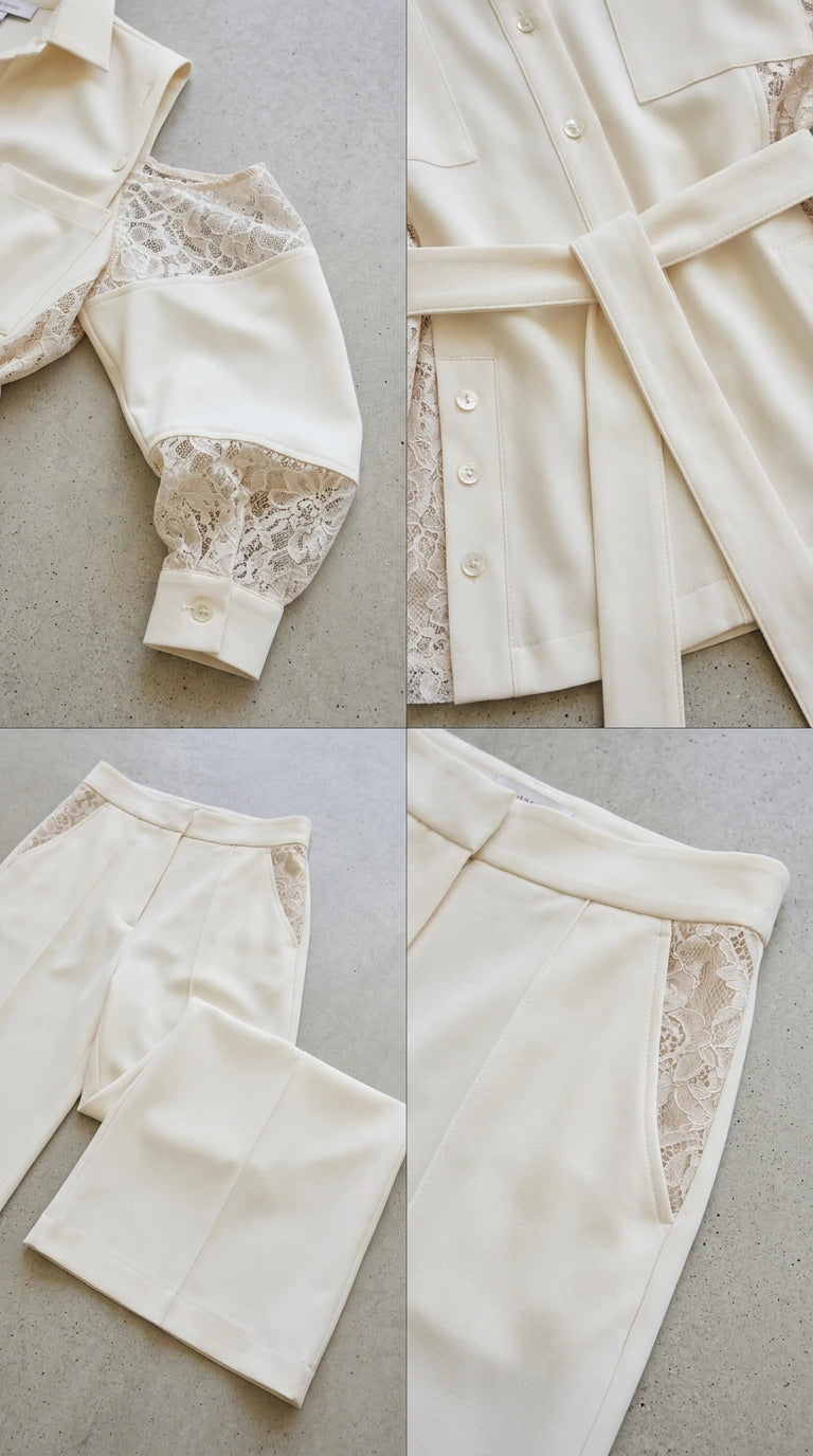 Close up details of lace sleeves, tie belt, and pocket lace on cream suit