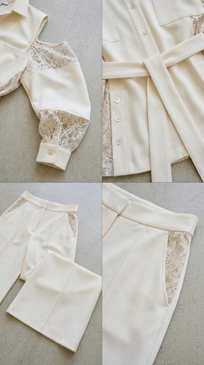 Close up details of lace sleeves, tie belt, and pocket lace on cream suit